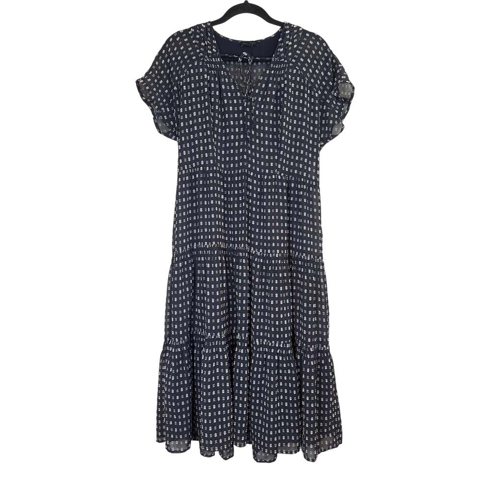 Anthropologie Current Air Swiss Dot Sheer Maxi Dress XS Navy Blue White Tiered